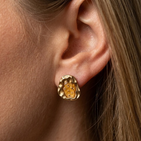 Kolczyki sztyfty z żywicy z zatopionymi kwiatami Rozkwit geometryczne królewskie kwiaty dzikiej marchwi złote