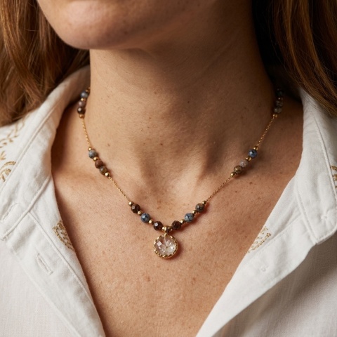 Naszyjnik z żywicy Aura z kwiatem dzikiej marchwi i pietersytem