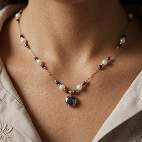 Naszyjnik z żywicy Aura z płatkami chabra, lapis lazuli i perłami