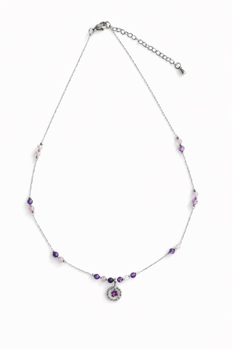 Naszyjnik z żywicy Aura z suszoną smagliczką i lepidolitem - srebrny