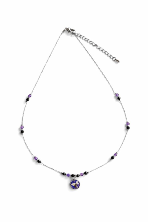 Naszyjnik z żywicy Aura z suszonym kwiatem dzikiej marchwi, ametystem i turmalinem - srebrny