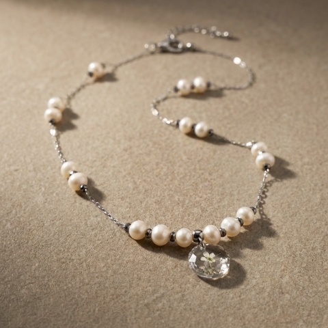 Naszyjnik z żywicy Aura z suszonym kwiatem dzikiej marchwi i perłami - srebrny