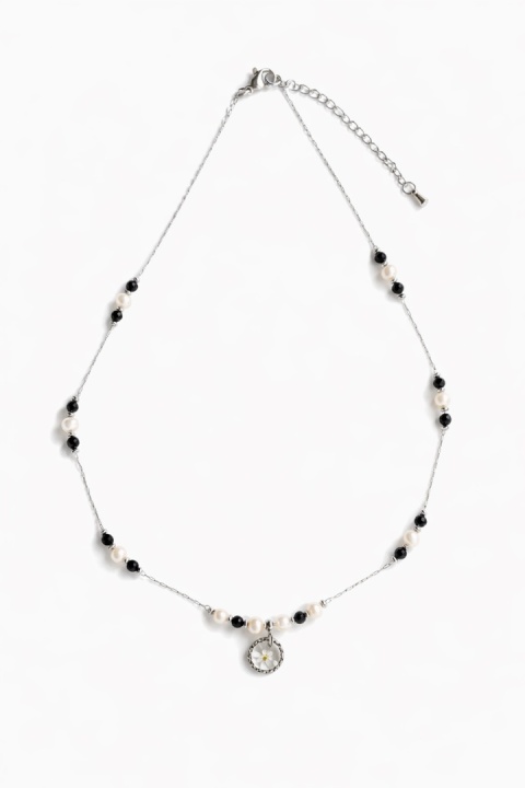 Naszyjnik z żywicy Aura z suszonym kwiatem dzikiej marchwi, turmalinemi perłami - srebrny