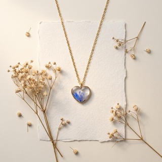 Naszyjnik z żywicy Serce Chabry złoty