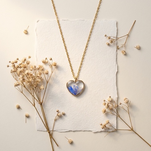 Naszyjnik z żywicy Serce Chabry złoty