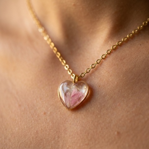 Naszyjnik z żywicy Serce Różowe Chabry złociste