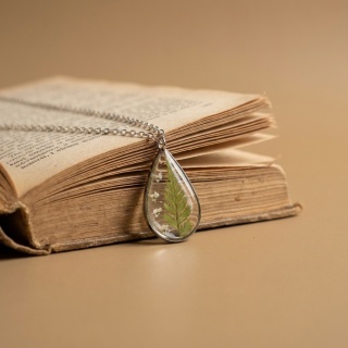 Naszyjnik z żywicy kropla Paproć i kwiaty dzikiej marchwi srebrny