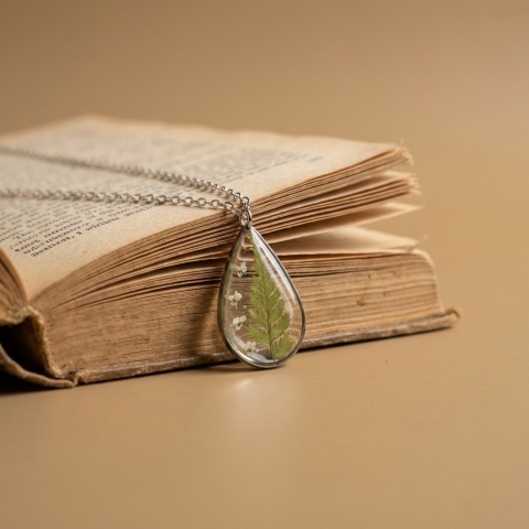 Naszyjnik z żywicy kropla Paproć i kwiaty dzikiej marchwi srebrny