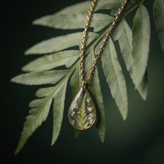 Naszyjnik z żywicy kropla Paproć i kwiaty dzikiej marchwi złoty