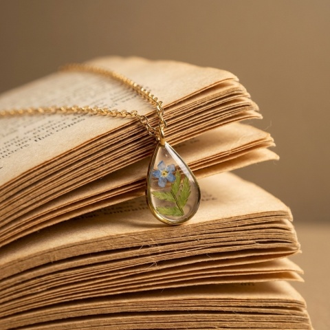 Naszyjnik z żywicy kropla Paproć i niezapominajka złoty