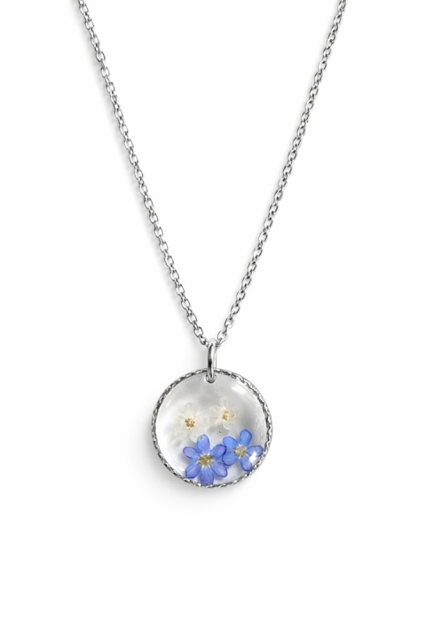 Naszyjnik z żywicy Niezapominajki i dzika marchew srebrzyste