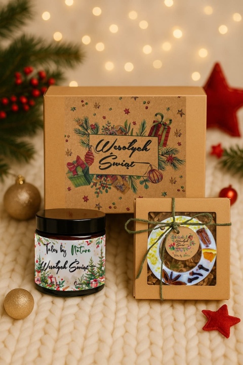 Świąteczny zestaw prezentowy Wesołych Świąt świeca 120 ml + zawieszka sojowa