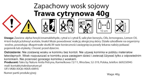 Zapachowy wosk sojowy do kominka Trawa cytrynowa