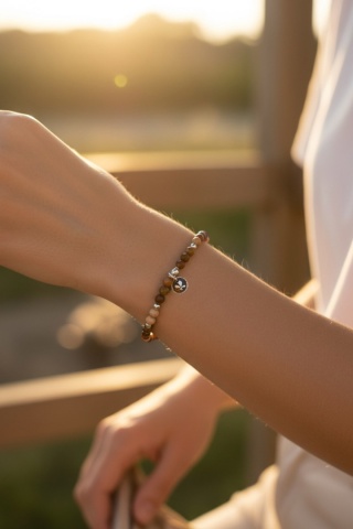 Bransoletka z kamieniami naturalnymi i zawieszką z żywicy BLASKI mokait i srebrzyste kwiaty dzikiej marchwi