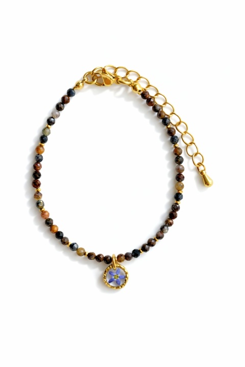 Bransoletka z kamieniami naturalnymi i zawieszką z żywicy BLASKI pietersyt i niezapominajka