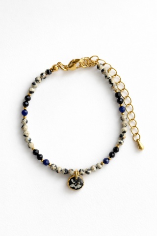 Bransoletka z kamieniami naturalnymi i zawieszką z żywicy BLASKI turmalin jaspis dalmatyński lapis lazuli kwiaty dzikiej marchwi