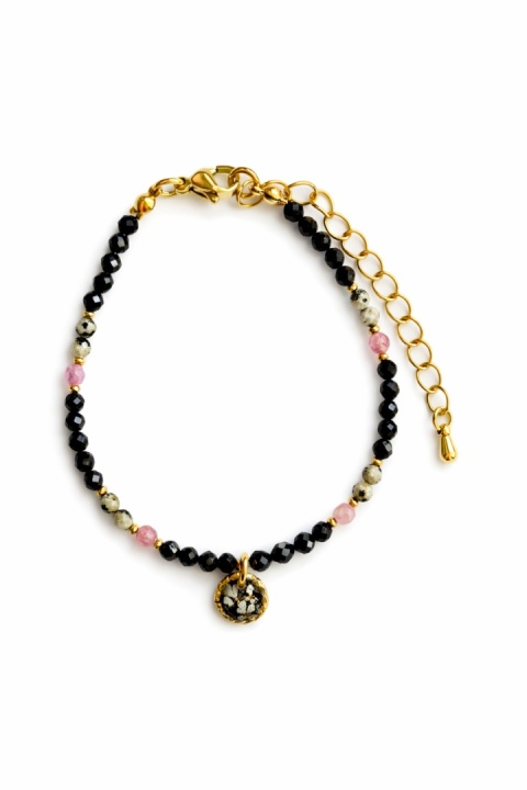 Bransoletka z kamieniami naturalnymi i zawieszką z żywicy BLASKI turmalin jaspis dalmatyński lapis lazuli kwiaty dzikiej marchwi