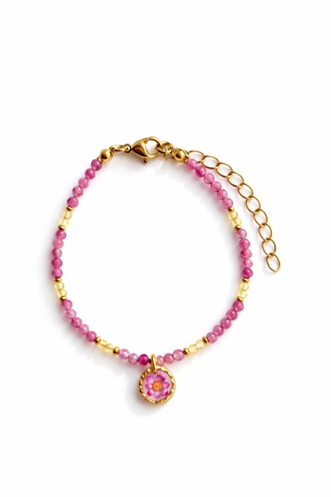 Bransoletka z kamieniami naturalnymi i zawieszką z żywicy BLASKI turmalin różowy, cytryn i złociste kwiaty dzikiej marchwi