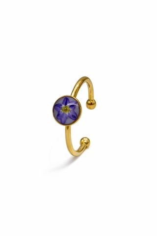 Pierścionek z żywicy regulowany Mini złocista niezapominajka w bieli