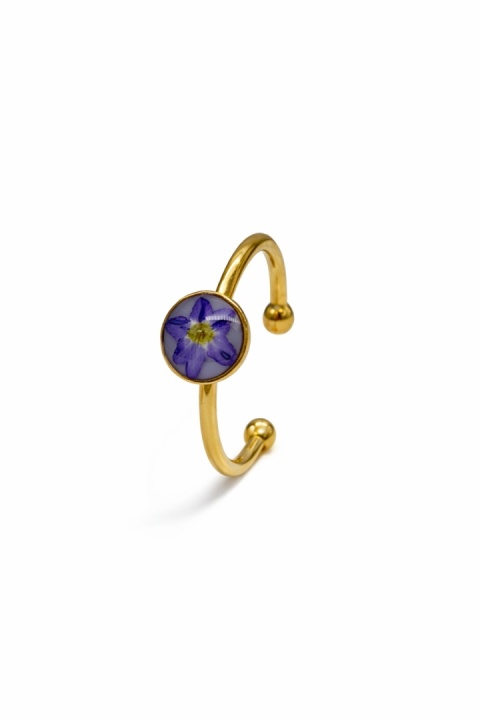 Pierścionek z żywicy regulowany Mini złocista niezapominajka w bieli