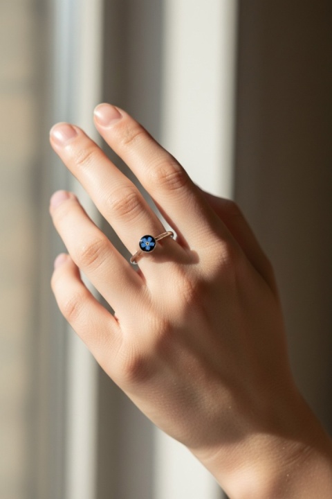 Pierścionek z żywicy regulowany Złocista niezapominajka w czerni