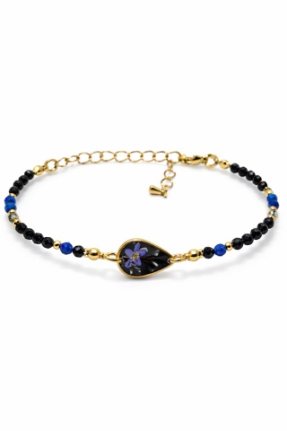 Bransoletka z żywicy z kamieniami Florastone Niezapominajka, biała paproć i lapis lazuli, turmalin