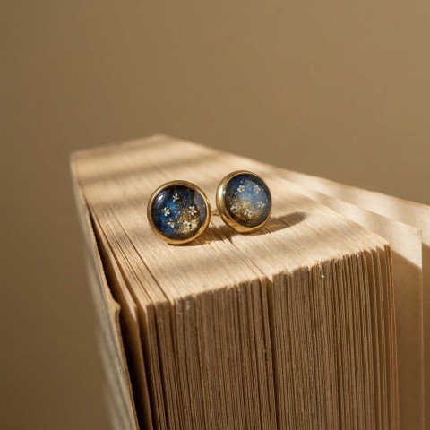 Kolczyki sztyfty Aurora niebiesko - złota kwiaty dzikiej marchwi