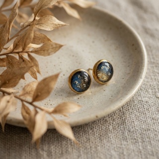 Kolczyki sztyfty Aurora niebiesko - złota kwiaty dzikiej marchwi