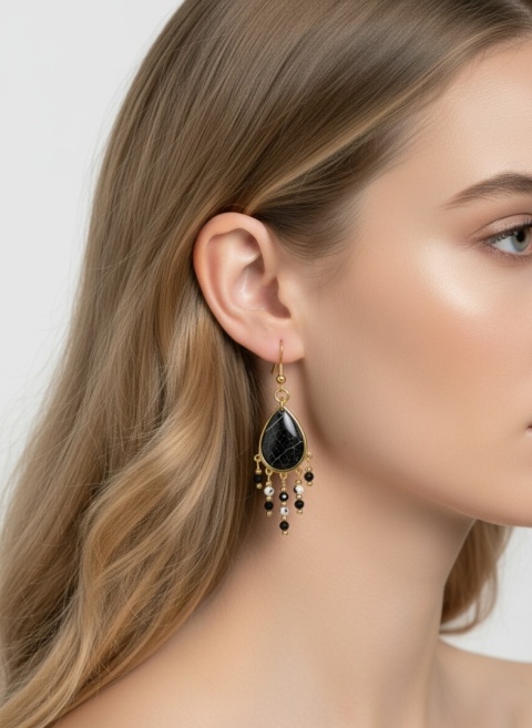 Kolczyki z żywicy z kamieniami naturalnymi GLAM Esencja liścia i turmalin i jaspis dalmatyński