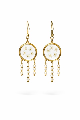 Kolczyki z żywicy z kamieniami naturalnymi GLAM Kwiaty dzikiej marchwi i perły