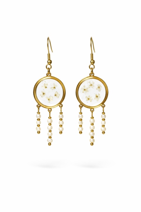 Kolczyki z żywicy z kamieniami naturalnymi GLAM Kwiaty dzikiej marchwi i perły