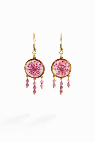 Kolczyki z żywicy z kamieniami naturalnymi GLAM Kwiaty dzikiej marchwi i turmalin różowy