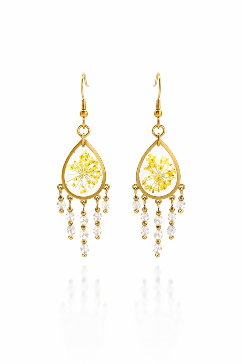 Kolczyki z żywicy z kamieniami naturalnymi GLAM Kwiaty dzikiej marchwi i cytryn