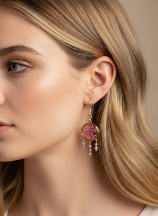 Kolczyki z żywicy z kamieniami naturalnymi GLAM Kwiaty dzikiej marchwi i turmalin różowy