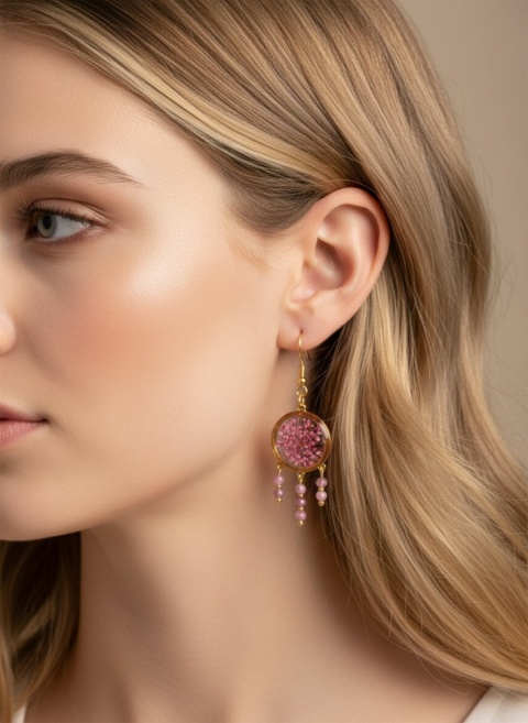 Kolczyki z żywicy z kamieniami naturalnymi GLAM Kwiaty dzikiej marchwi i turmalin różowy