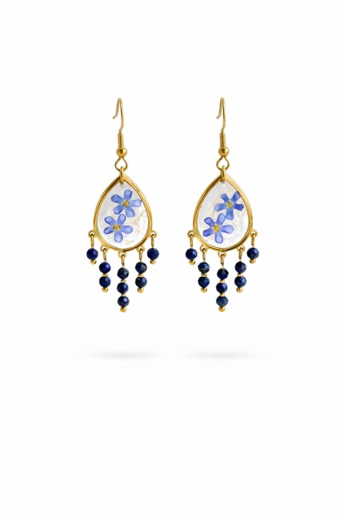 Kolczyki z żywicy z kamieniami naturalnymi GLAM Niezapominajki i lapis lazuli