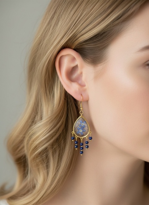 Kolczyki z żywicy z kamieniami naturalnymi GLAM Niezapominajki i lapis lazuli