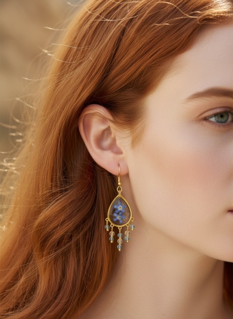 Kolczyki z żywicy z kamieniami naturalnymi GLAM Niezapominajki i topaz i cytryn