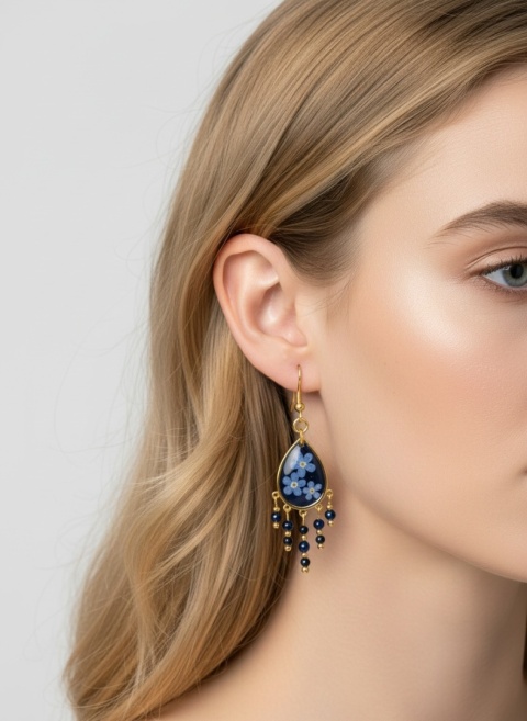 Kolczyki z żywicy z kamieniami naturalnymi GLAM Nocne niezapominajki i lapis lazuli i turmalin