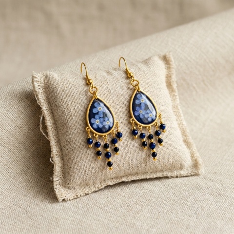 Kolczyki z żywicy z kamieniami naturalnymi GLAM Nocne niezapominajki i lapis lazuli i turmalin