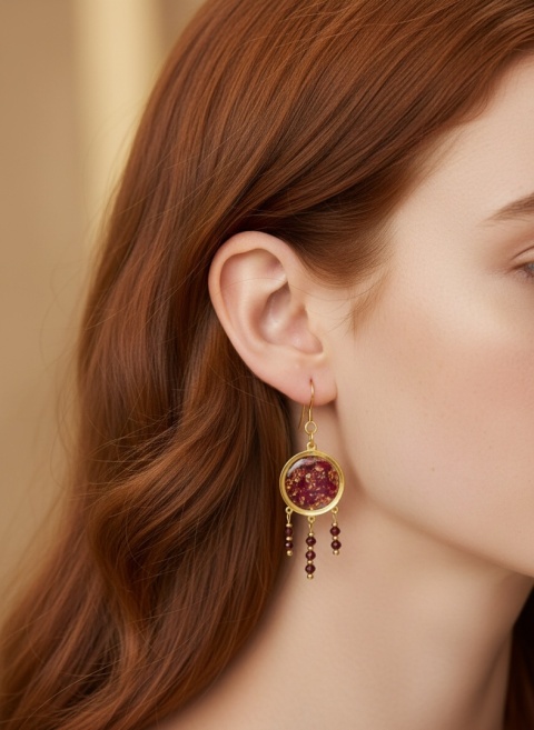 Kolczyki z żywicy z kamieniami naturalnymi GLAM Płatki róży i granat