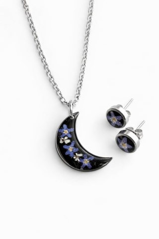 Komplet biżuterii z żywicy Magiczne niezapominajki i dzika marchew w czerni