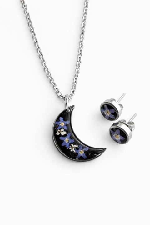 Komplet biżuterii z żywicy Magiczne niezapominajki i dzika marchew w czerni