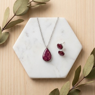 Komplet biżuterii z żywicy Srebrzyste Płatki piwonii