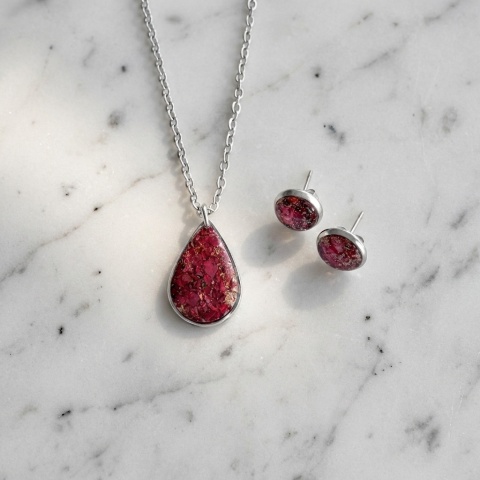 Komplet biżuterii z żywicy Srebrzyste Płatki róży