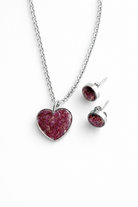 Komplet biżuterii z żywicy Srebrzyste serce Płatki piwonii