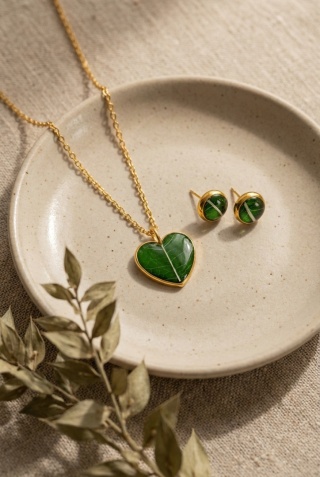 Komplet biżuterii z żywicy złocista Esencja liścia