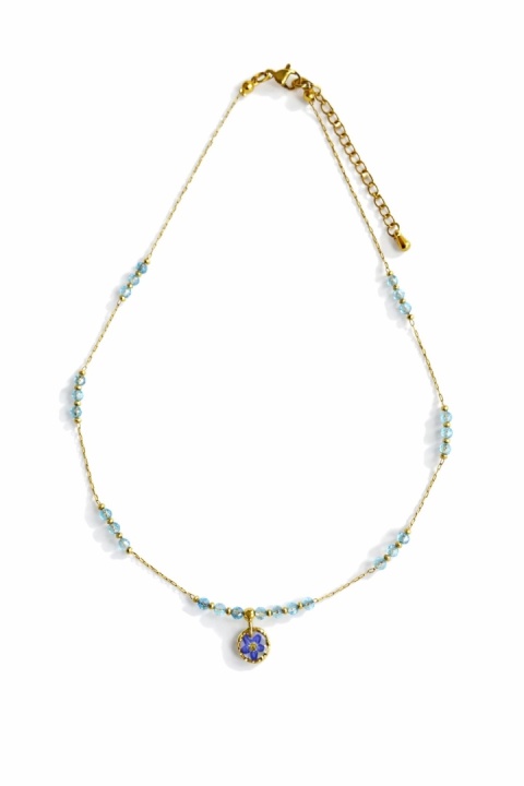 Naszyjnik z żywicy Aura z suszoną niezapominajką i topazem