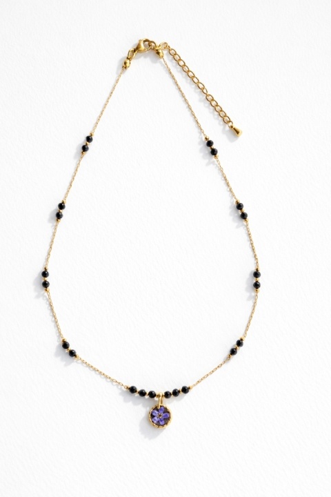 Naszyjnik z żywicy Aura z suszoną niezapominajką i turmalinem