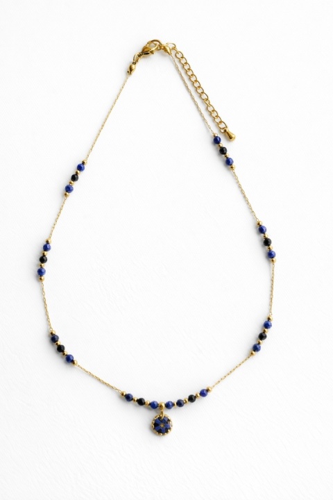 Naszyjnik z żywicy Aura z suszoną niezapominajką, lapis lazuli i turmalinem